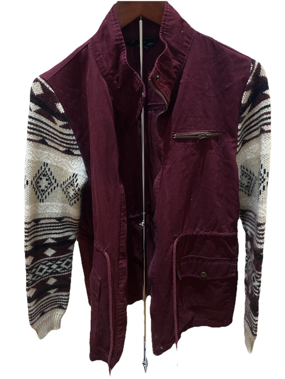 Miss Daisy Aztec Sleeve Utility Jacket Burgundy Boho Western Size M
